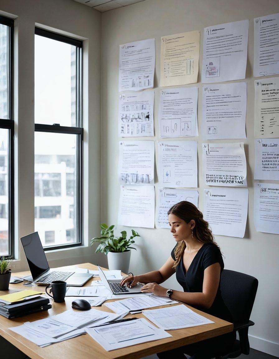 A determined job seeker in a modern office setting, surrounded by a laptop, resume papers, and motivational quotes on the walls. The scene includes a diverse group of professionals discussing strategies, emphasizing teamwork and collaboration. Bright natural light streams in through a window, symbolizing hope and opportunity. The atmosphere conveys a sense of empowerment and future success. super-realistic. vibrant colors. professional style.