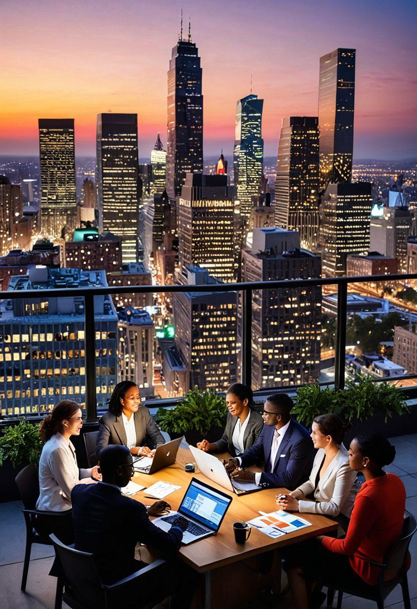 A vibrant city skyline at dusk, filled with diverse professionals engaging in networking activities at a rooftop event, exchanging ideas and business cards. Include elements like laptops, charts, and maps that symbolize career growth and opportunities. Show a diverse group of people with dynamic expressions, showcasing collaboration and ambition. colorful, modern style, super-realistic, with emphasis on warm lights and an inviting atmosphere.