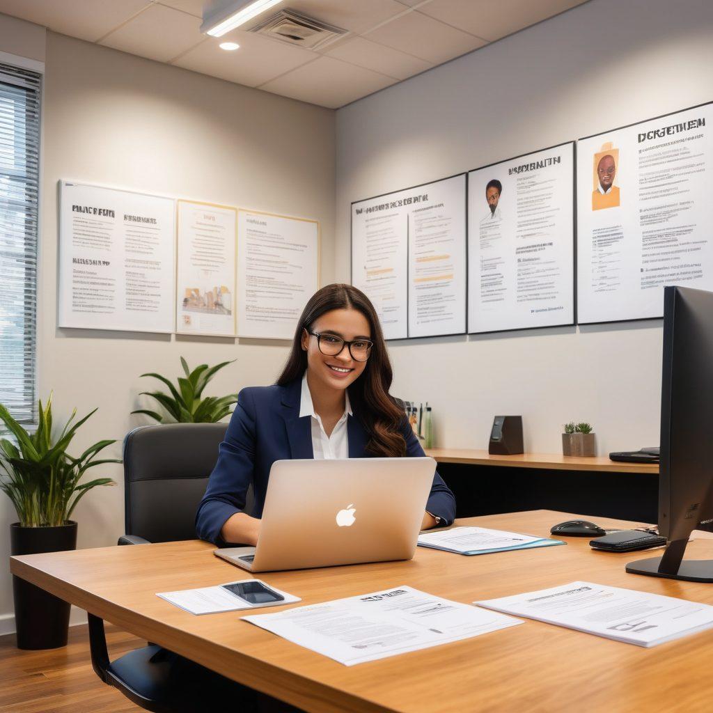 A modern office setting with a focused job seeker analyzing a well-organized resume, while a confident interviewer assesses the candidate with a friendly smile. Incorporate diverse individuals to represent inclusivity. Showcase career-related artifacts like a laptop, business attire, and motivational quotes on walls. The composition should evoke a sense of hope and ambition. super-realistic. vibrant colors. natural lighting.